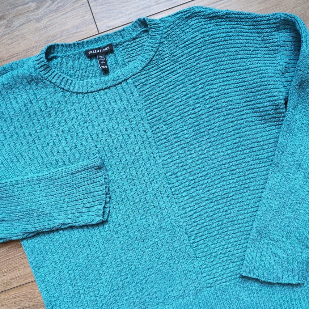 Eileen Fisher Textured Sweater Teal Blue Ribbed Organic Cotton Blend Cozy XS